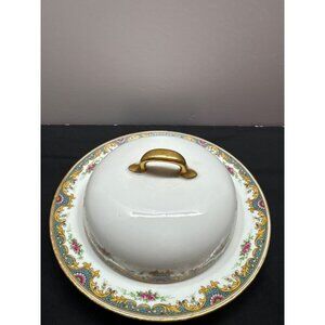 Limoges France Lucie Covered Vegetable Dish With Gold Handle & Floral Design
